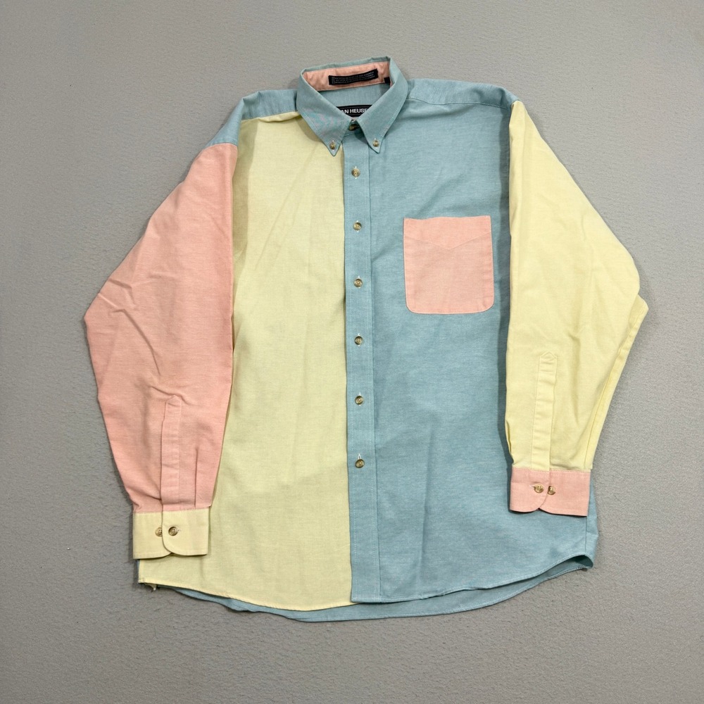 Vintage Van Heusen Button Down Shirt Medium Multi Color Colorblock Oxford 90s